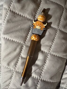 Whimsical Highland Cow Ballpoint Pen in Metallic Bronze and Orange